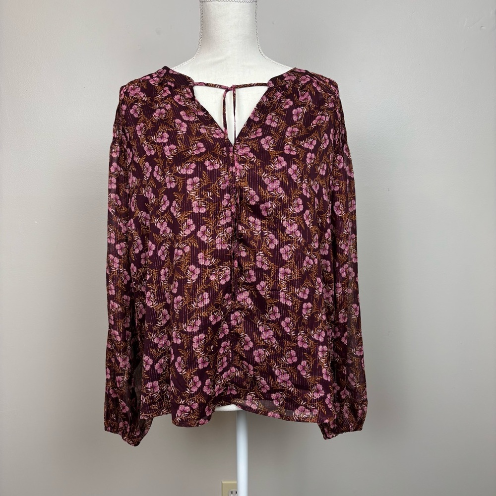 Loft Top Medium Burgundy Floral Lined V-Neck Tie Front Long Sleeve Blouse